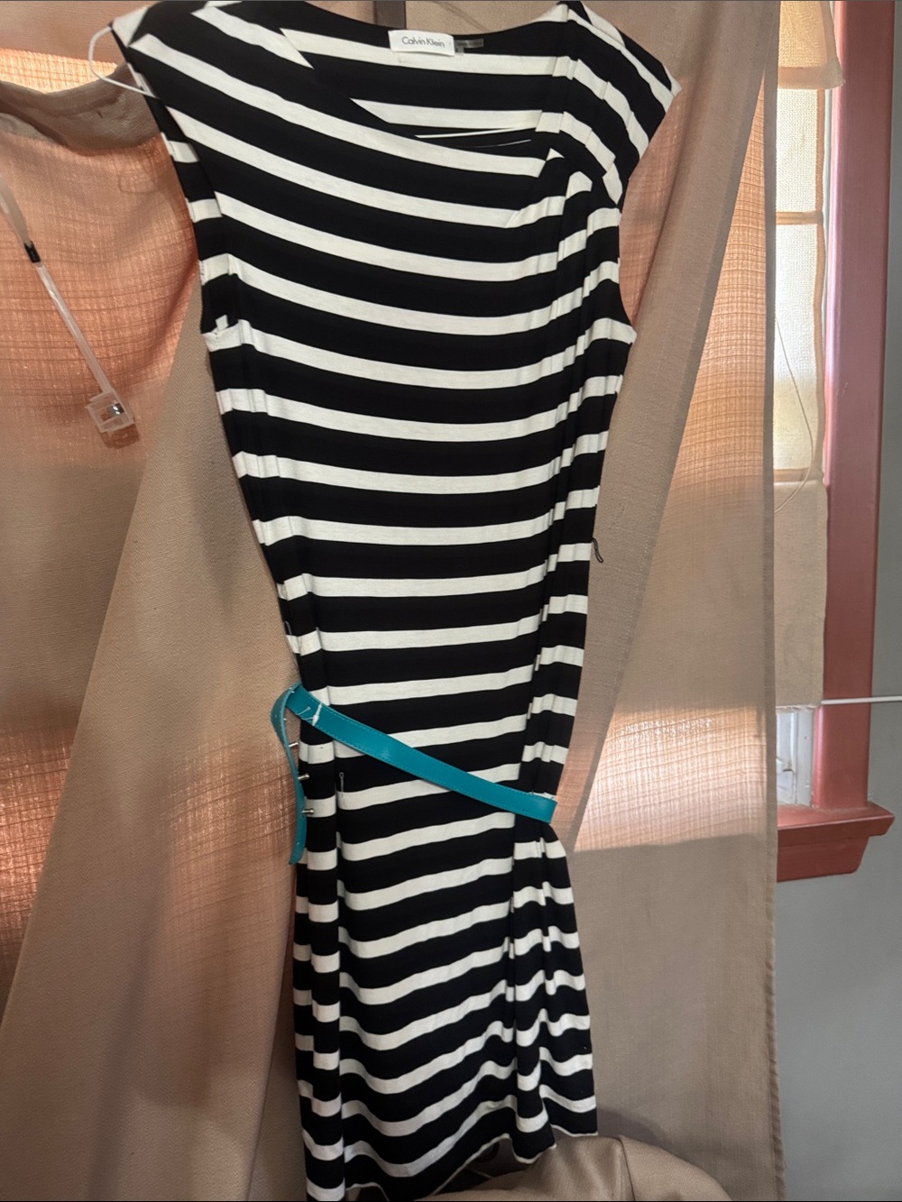 Calvin Klein Black and White Striped Midi Dress